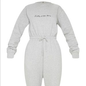 PRETTYLITTLETHING Grey Embroidered Sweat Jumsuit